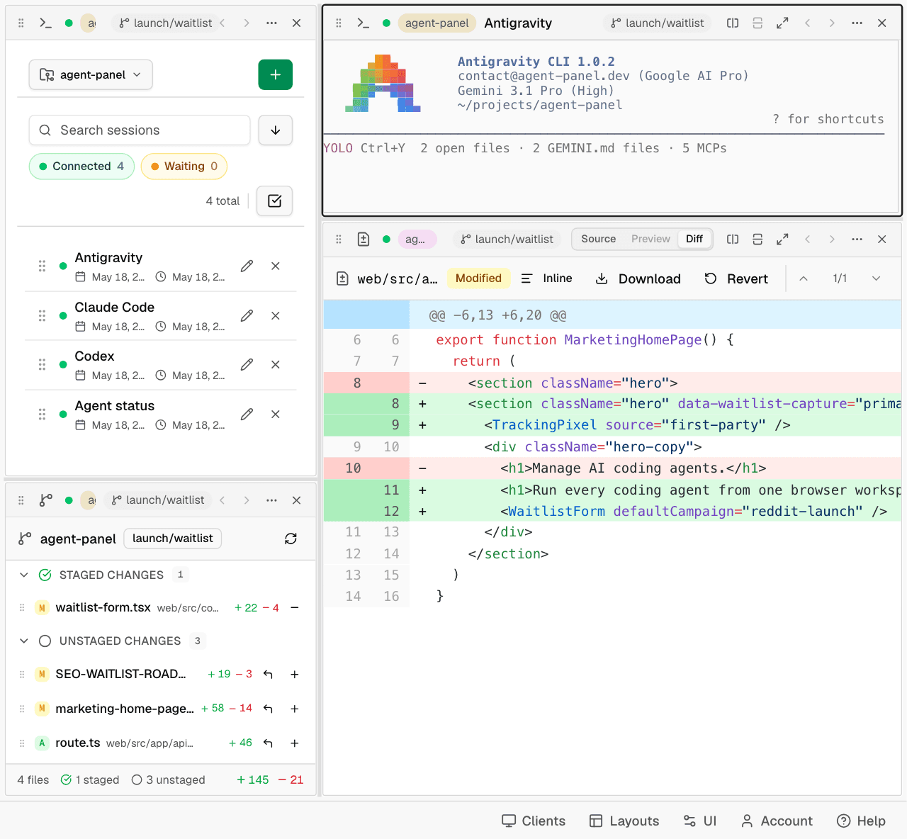 Agent Panel dashboard with projects, code review, file browser, source, and terminal panes.