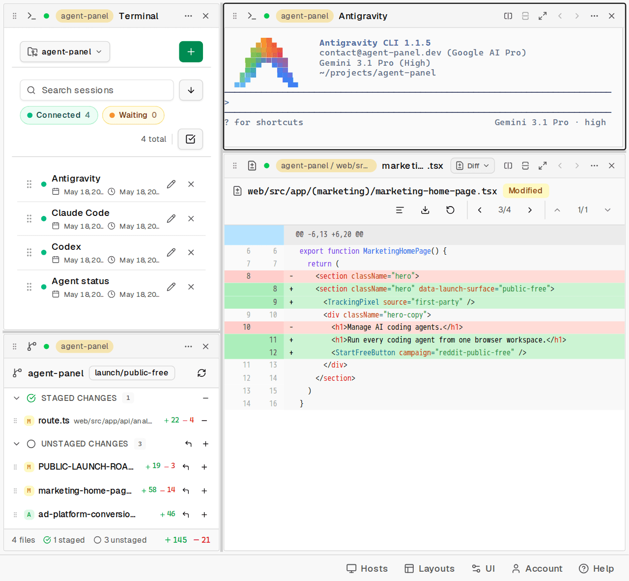 Agent Panel workspace showing a terminal, project sessions, and a code diff