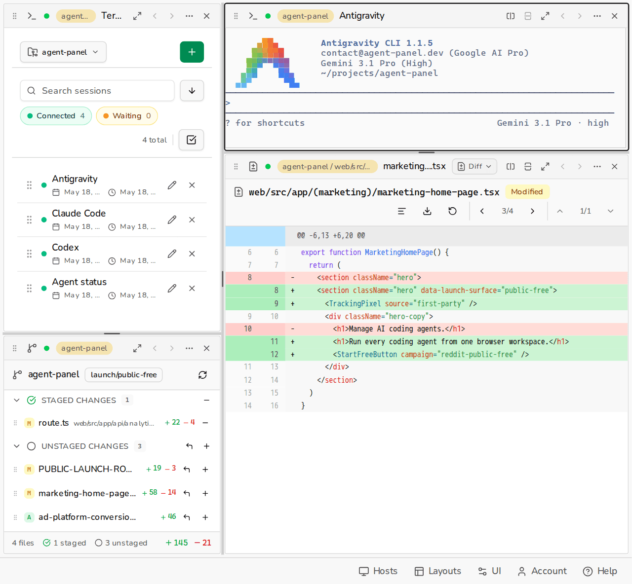 Agent Panel workspace showing a terminal, project sessions, and a code diff