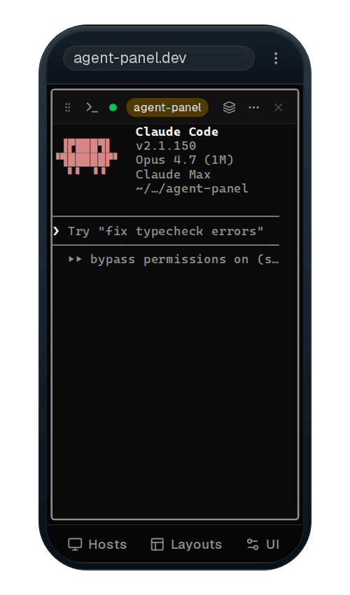Real Agent Panel phone dashboard showing a Claude Code terminal session