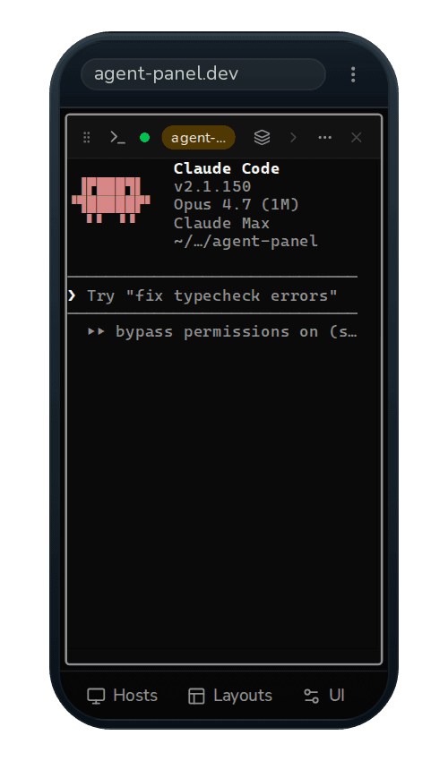 Real Agent Panel phone dashboard showing a Claude Code terminal session