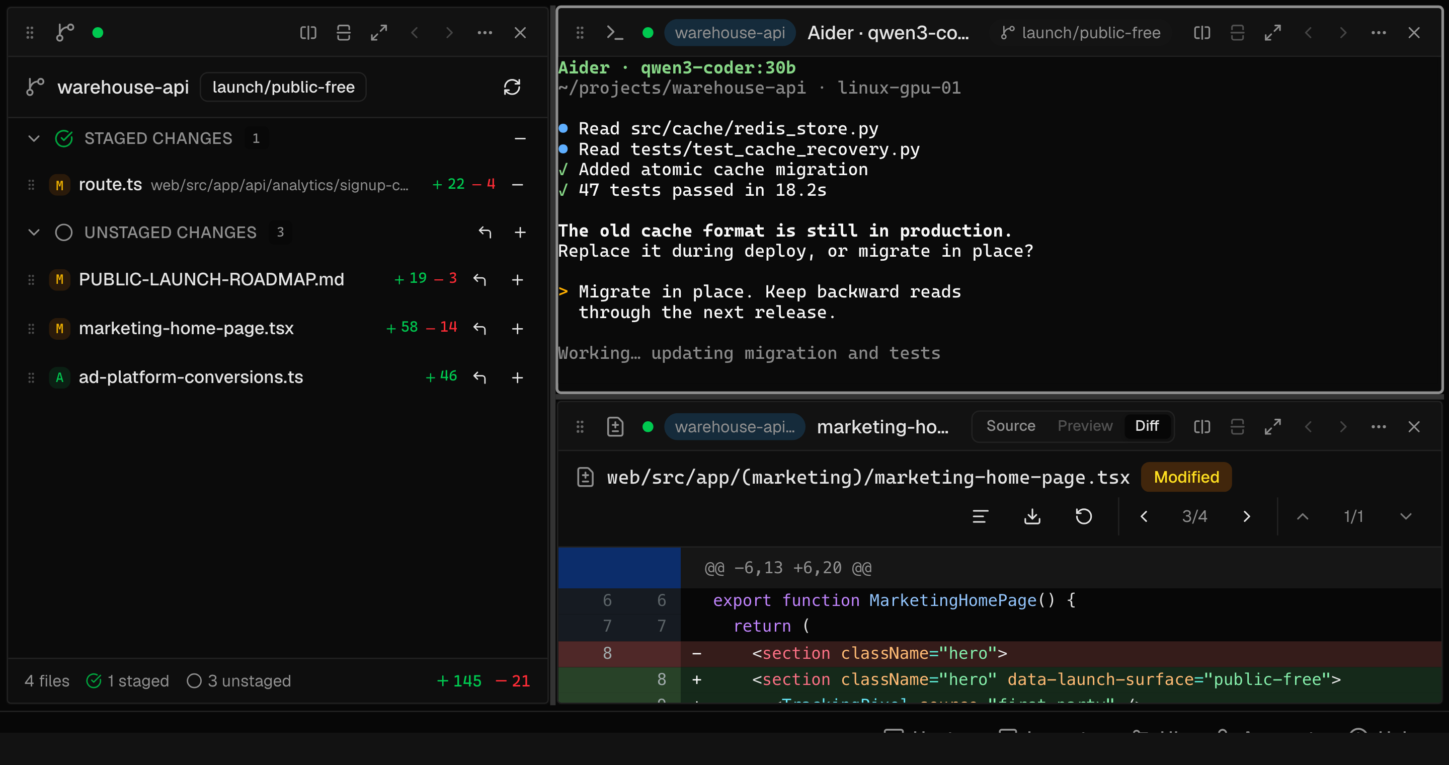 Agent Panel dashboard connected to an Aider session using qwen3-coder on a local GPU workstation