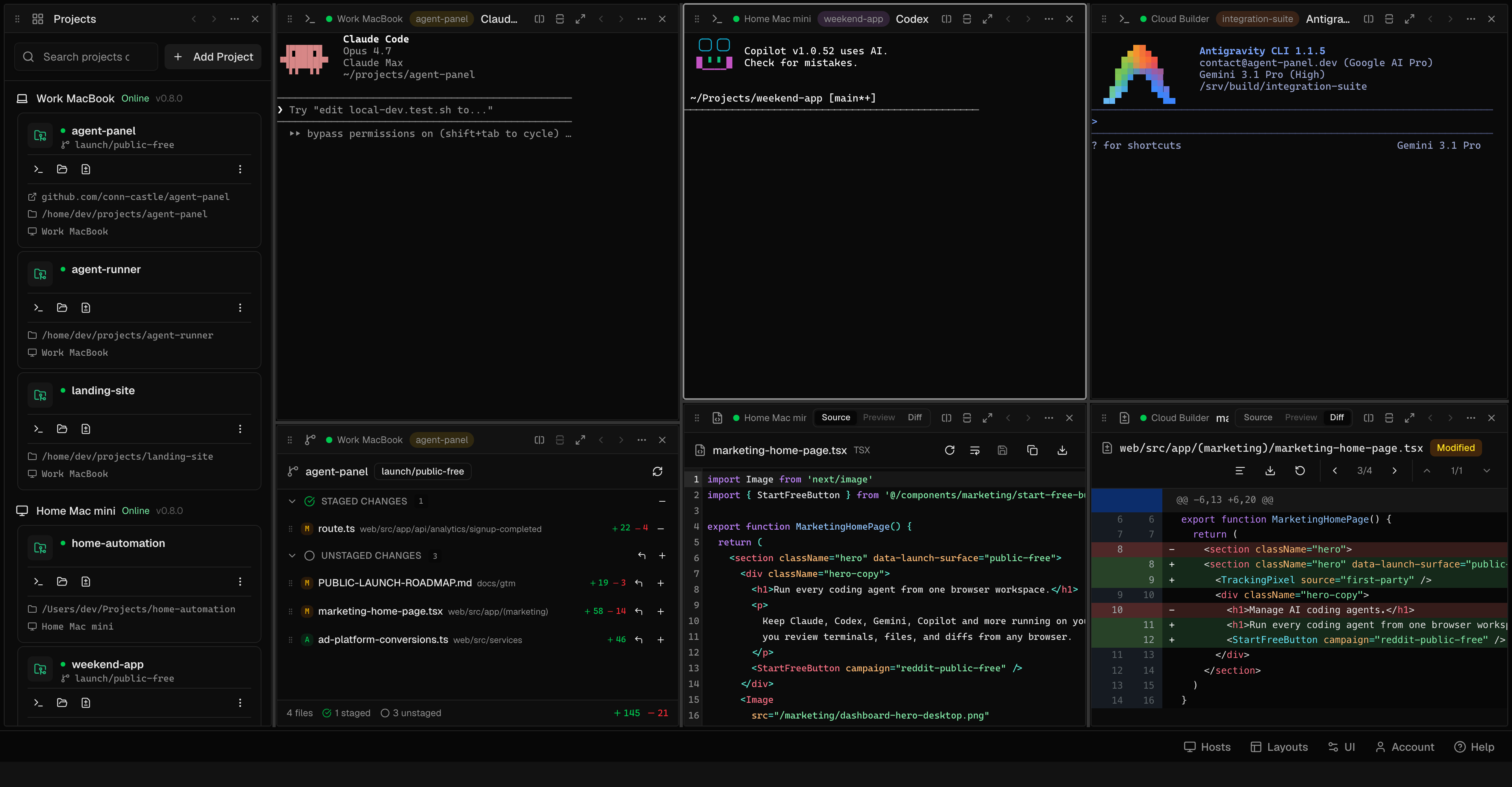 Real Agent Panel dashboard with projects and sessions open across a work MacBook, home Mac mini, and cloud builder